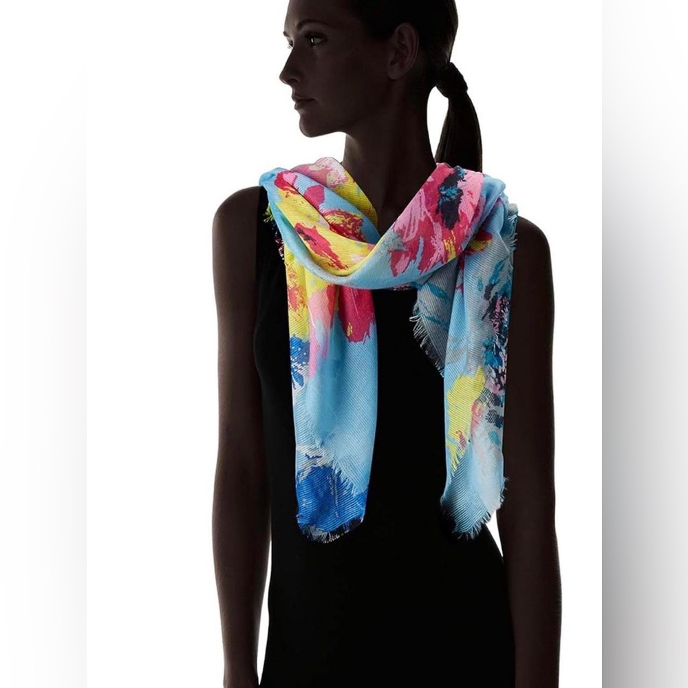 Steve Madden Abstract Floral Scarf – Blue Multi – Lightweight Oversized Wrap